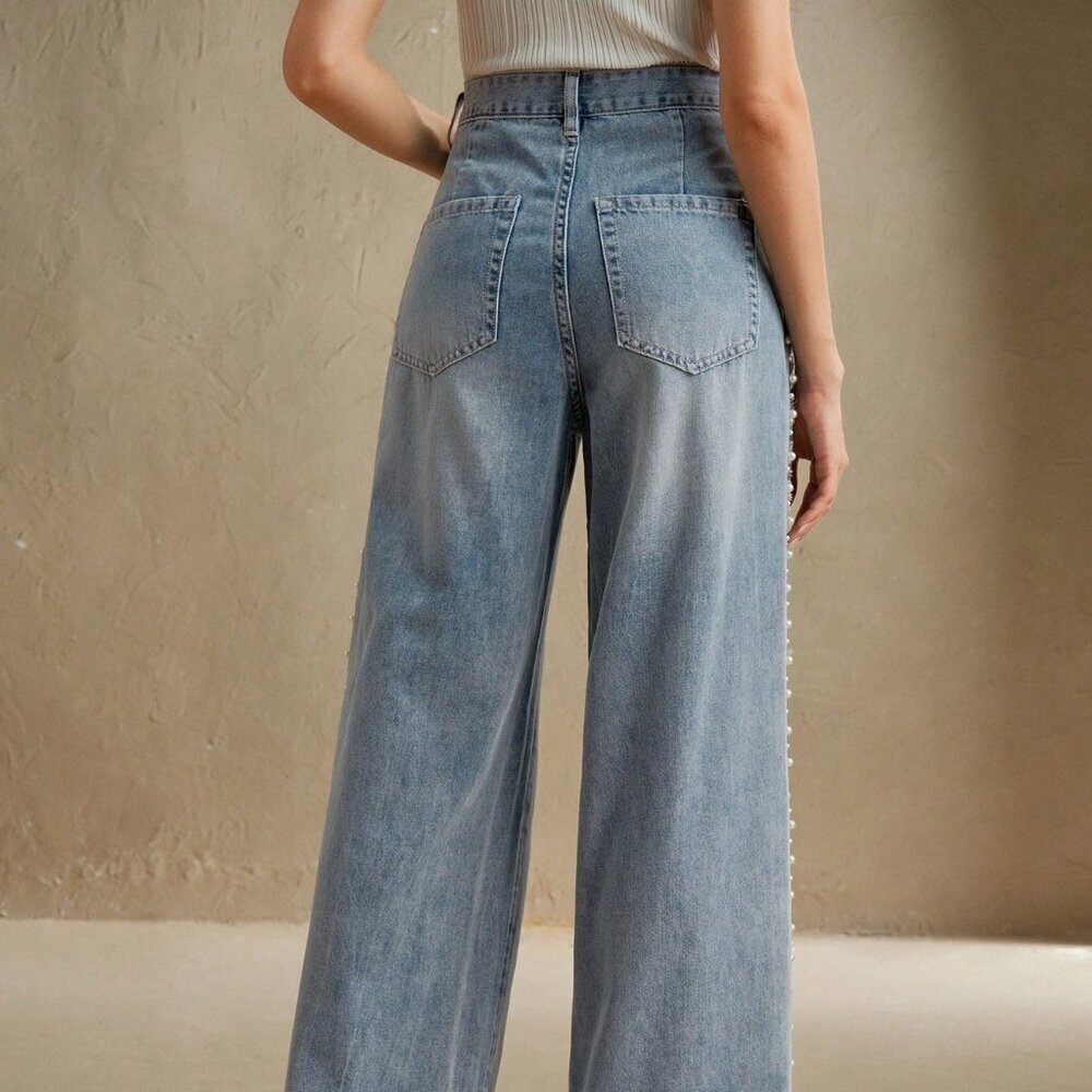 Blue Casual Women's Denim Jeans With Pearls And Pockets - Picture 3 of 7
